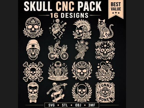 Download 16 Skull &amp; Skeleton CNC SVG STL Pack - Cnc svg Collection